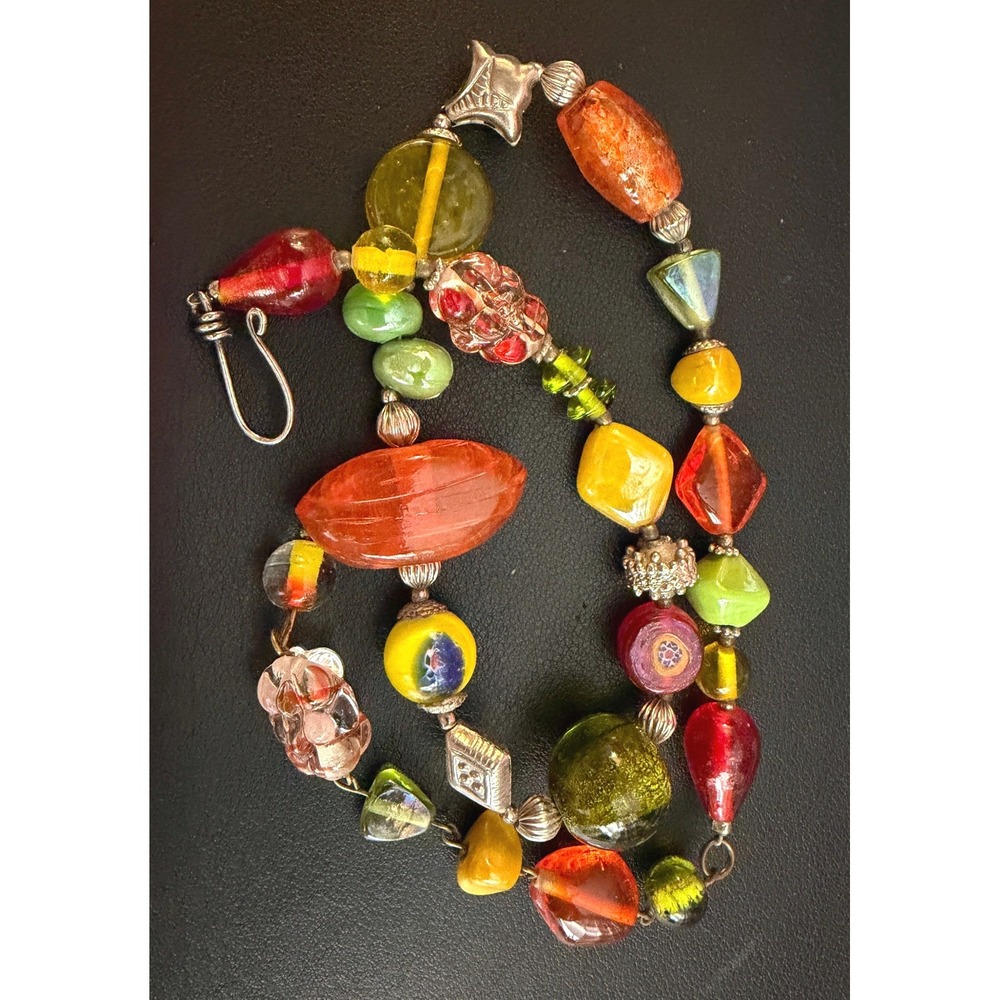 Vintage Glass Beaded Necklace Multicolor Millefiori Lampwork